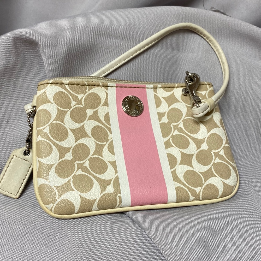 Coach zip wristlet purse in pink & tan